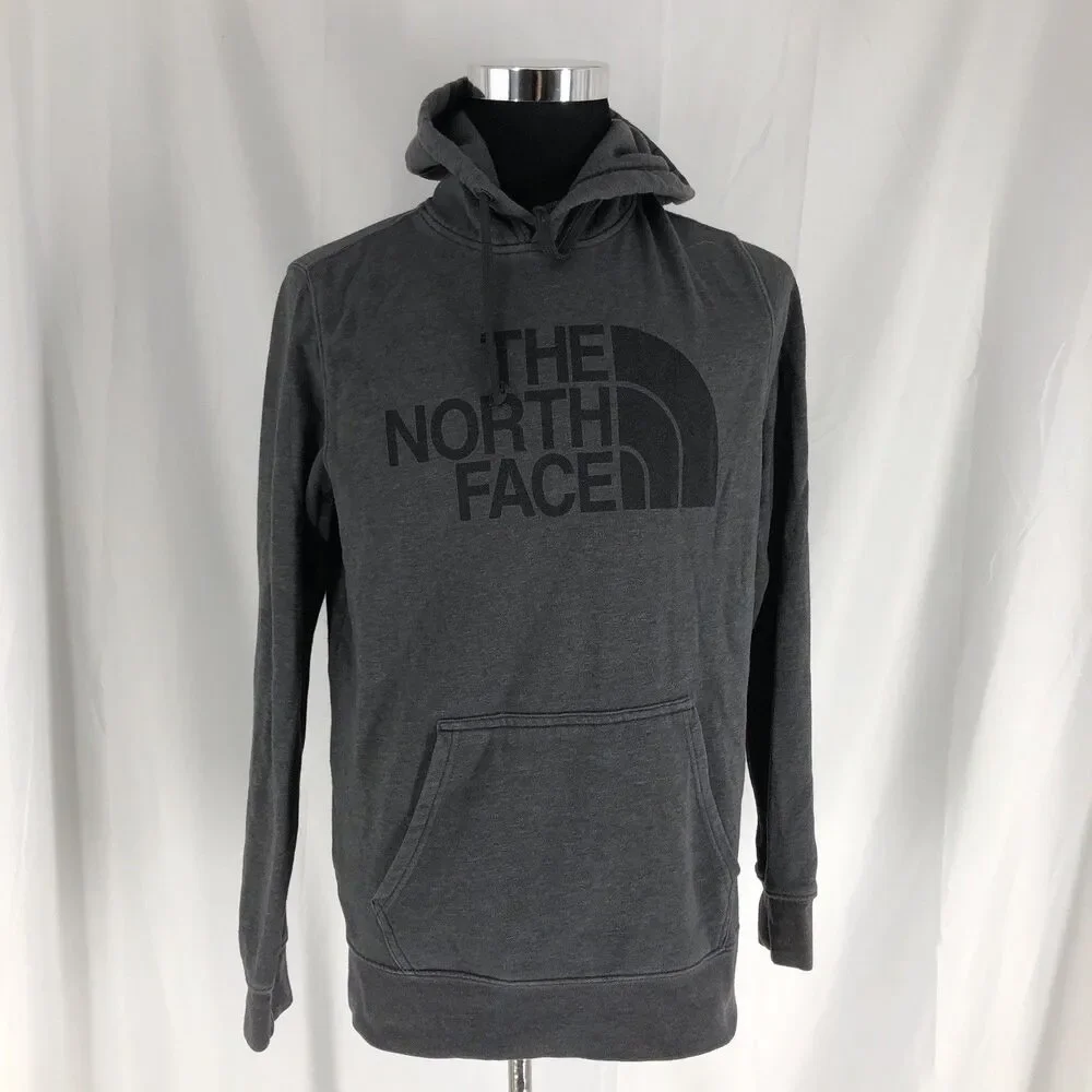 The North Face Logo Graphic Print Fleece Pullover Hoodie Gray Cotton Blend M